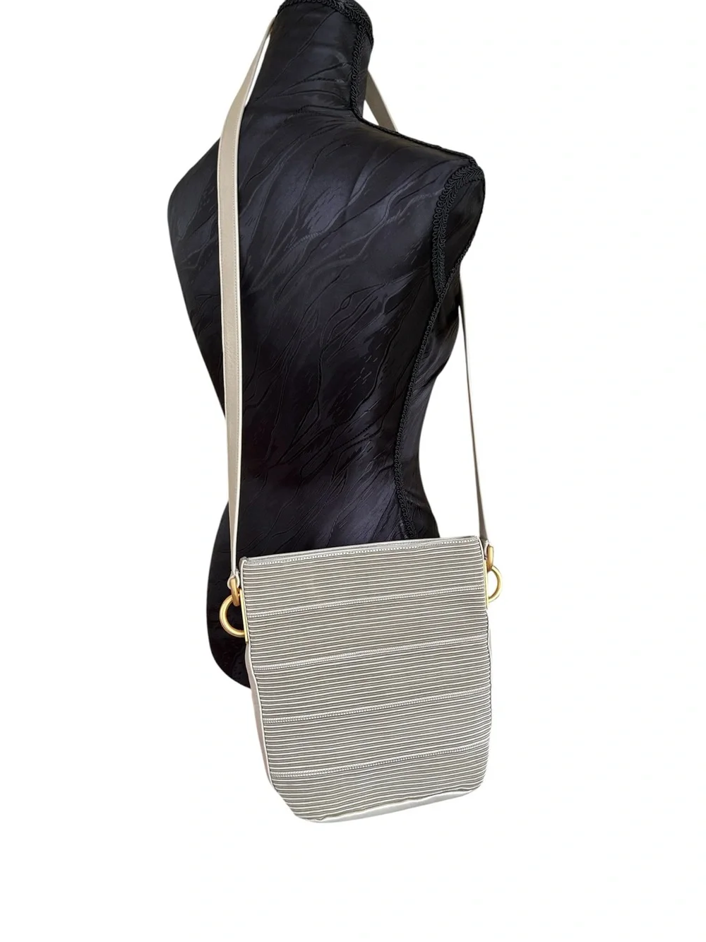Vintage 80s Americana by Sharif Crossbody Bag - Leather Trim - Champagne - Mint
